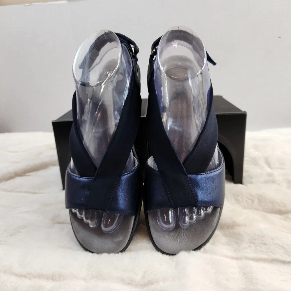 Naot Muscat Metallic Navy Leather Wedge Sandals Womens 39 Elastic‎ Straps 8-8.5